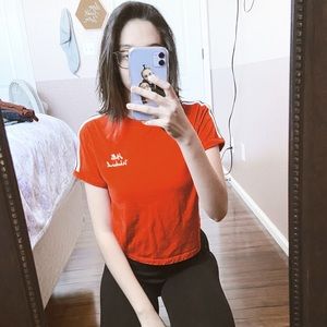 red “hello weekend” crop top t-shirt